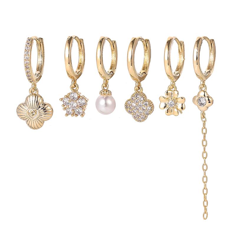 ANENJERY Zircon Flower Pearl Chain Tassel Earrings For Women Lovely 6-piece Earrings Set Student Gift