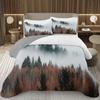 Misty Forest Bedspread Queen/Twin Size Pine Tree Mountain Coverlet Set Reversible Nature Woodland Fog View Quilted Bedding Set