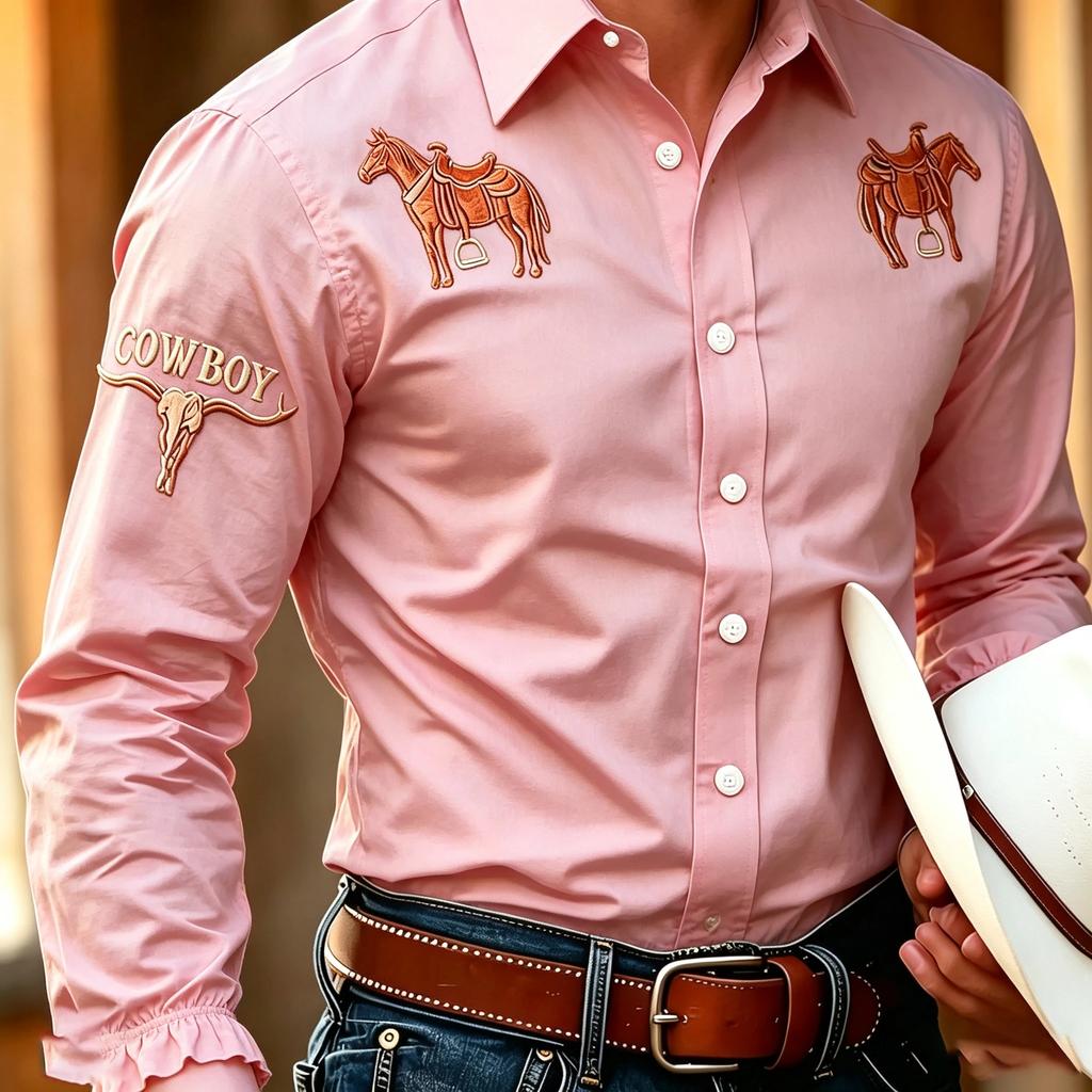 Cowboy Western Style Long Sleeve Shirt, Detailed Embroidery for Classic Western Look.