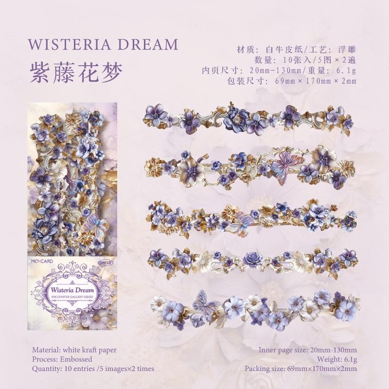 10-Sheet Long Strip Floral Border Sticker Pack Elegant Flower Frame Designs Soft Tones Self-Adhesive for Journal DIY Scrapbook