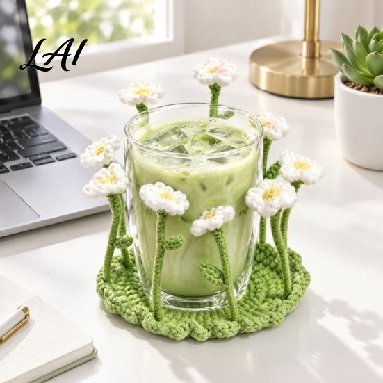 Forest Style Home Decor Handmade Knitted Daisy Coaster for Drinks Aesthetic Crochet Flower Cup Mat with Bendable Cute Desk Women Stems Table