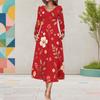 Women Plus Size Red Floral Printed V Neck Long Sleeve A Line Midi Dress With Pockets