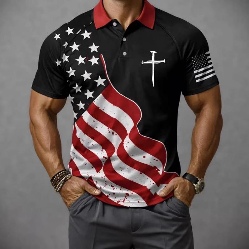 Patriotic Essential! Short Sleeve Polo, Flag & Cross Print, Casual Style