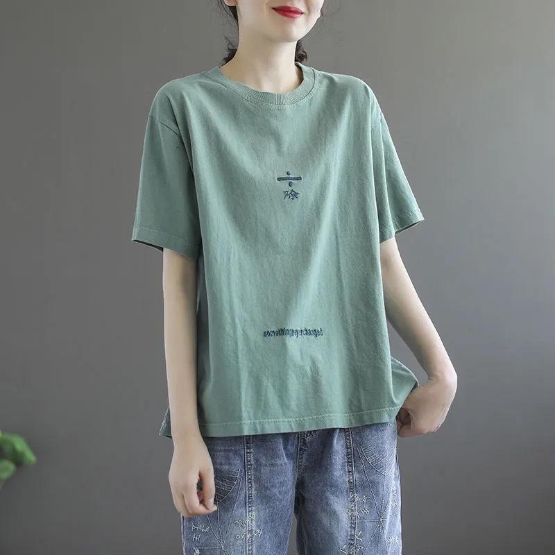 Повседневная литературная универсальная футболка с коротким рукавом и круглым вырезом, женская летняя новая свободная модная верхняя одежда, топ, футболка женская