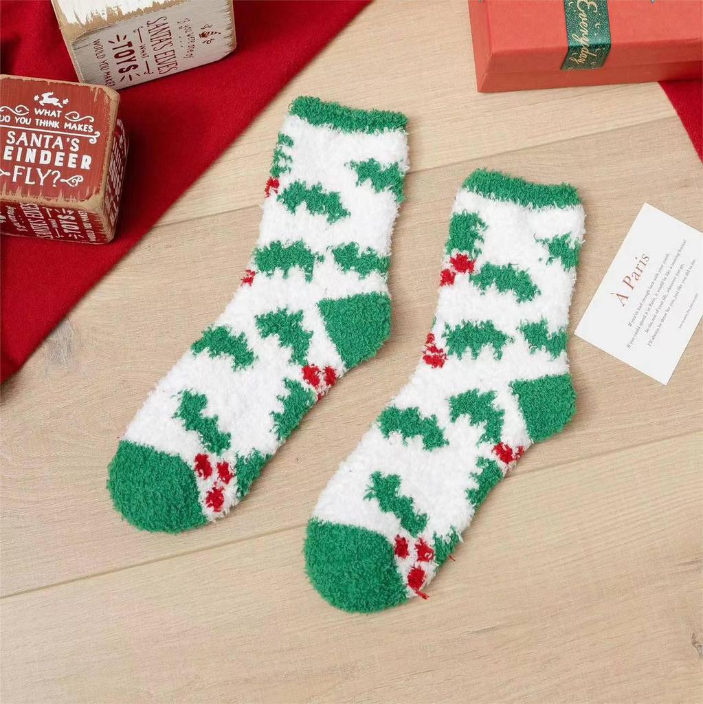 Женские носки кораллового бархата — уютный рождественский стиль, толстые и теплые для осени/зимы, идеально подходят для дома и сна.