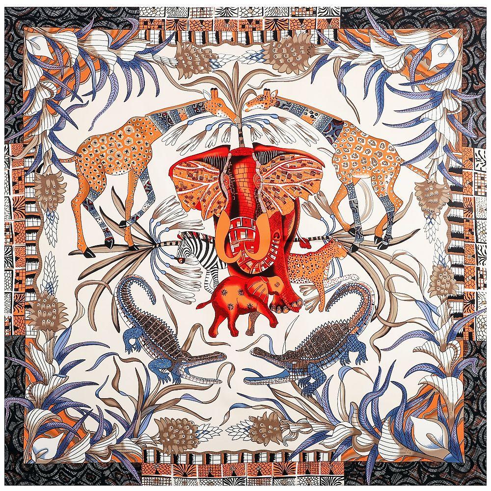 130cm Twill Silk Scarf Women Luxury Brand Giraffe Elephant Design Square Scarves Large Bandana Kerchief Hijab Female Head Scarf
