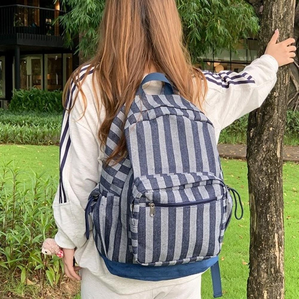 Multi-pocket Star Printing Backpack Lightweight Students Schoolbag Grey Stripes Backpack Travel