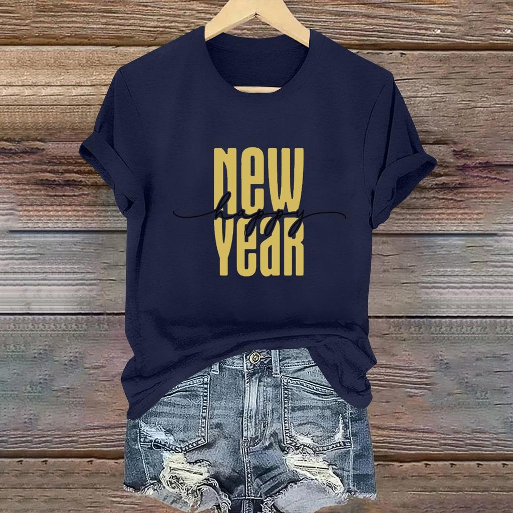 Women's Long Sleeve Round Neck T-Shirts 2025 New Year Print Puff Sleeve Shirts Button Blouses Tops