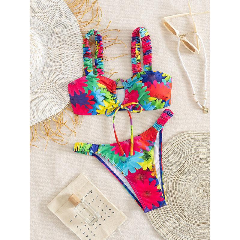Sexy Tie Dye Flower Print Bikini Set Women Drawstring Pleate Push Up Bra Thong Swimsuit Bathing Suit Swimwear