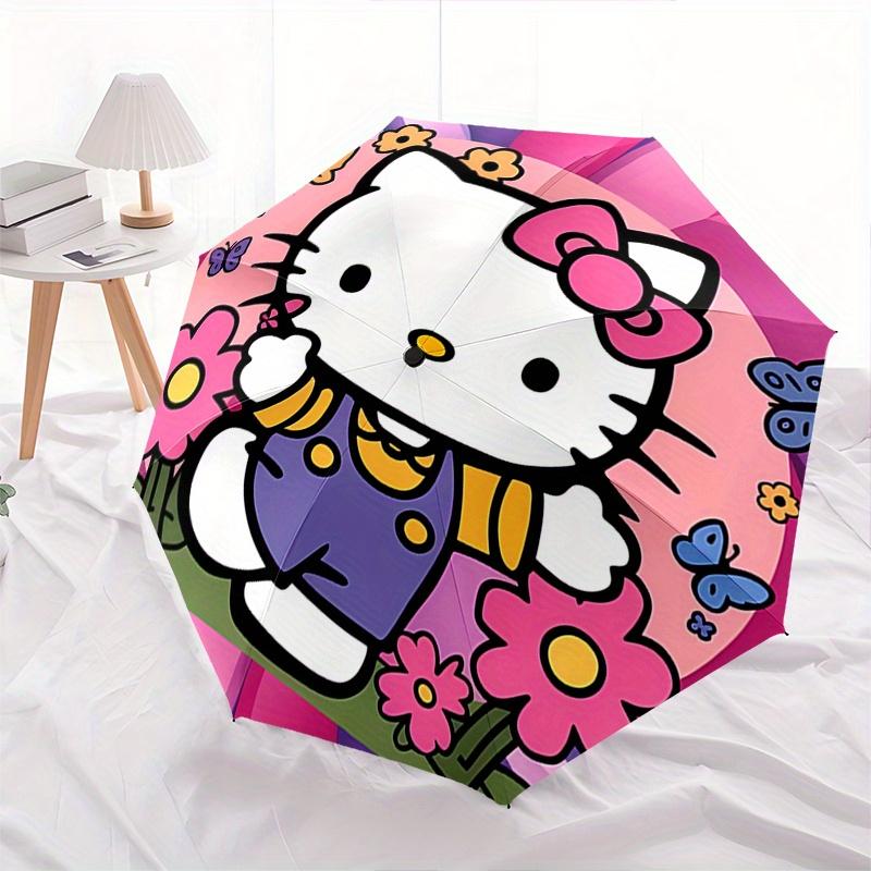 Hello Kitty,Floral Automatic Folding Umbrella-Simple 8-Rib Design, Bright Cartoon Pattern, Durable Iron Frame, Suitable For Travel, Outdoor,