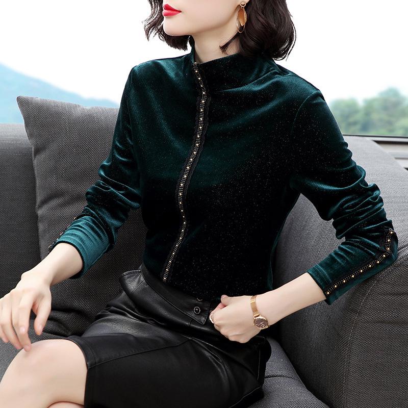 Женская элегантная водолазка с длинными рукавами из золотистого бархата - коллекция осень/зима 2023 г.