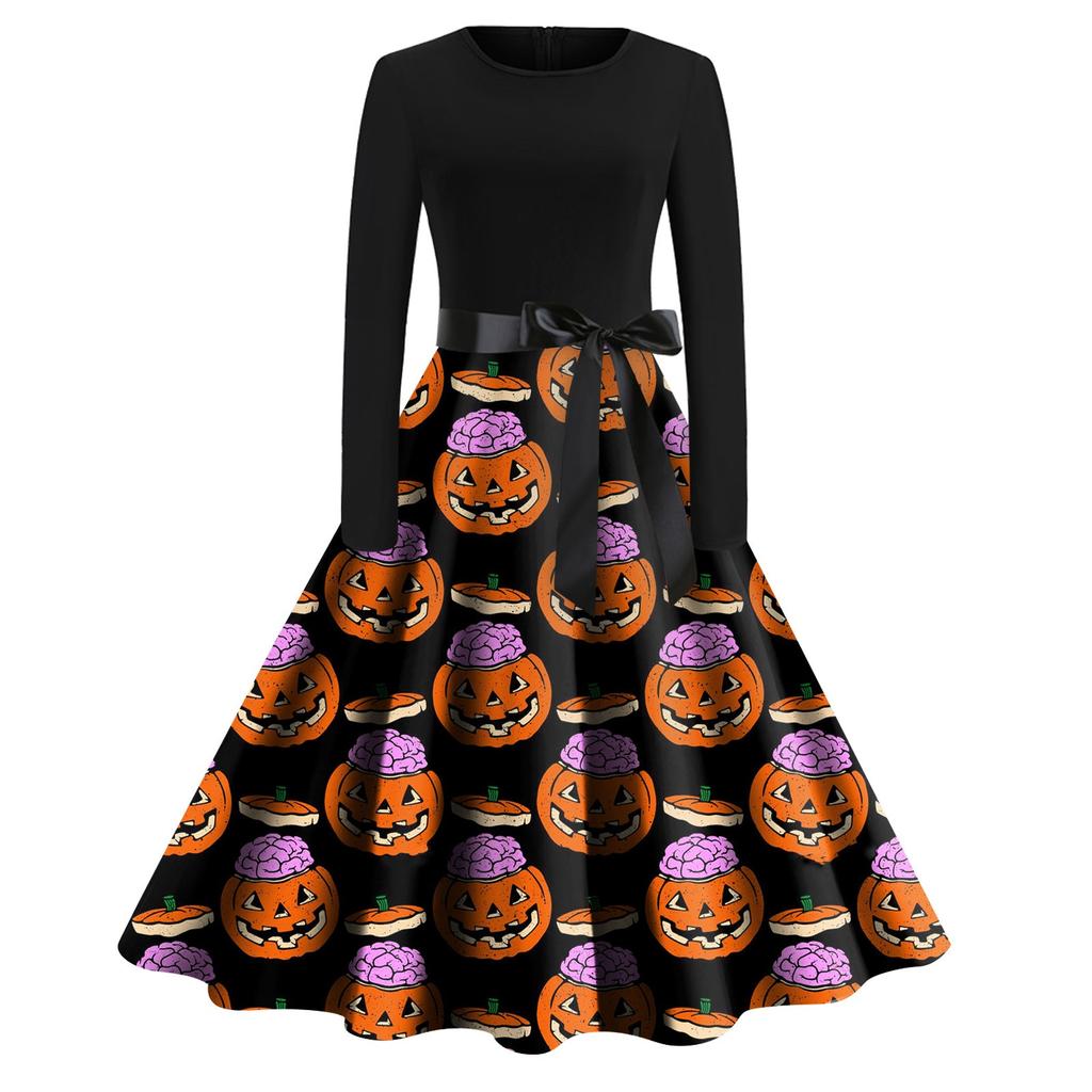 Женское платье с расклешенным принтом на Хэллоуин с длинным рукавом и круглым вырезом, вечерние повседневные платья
