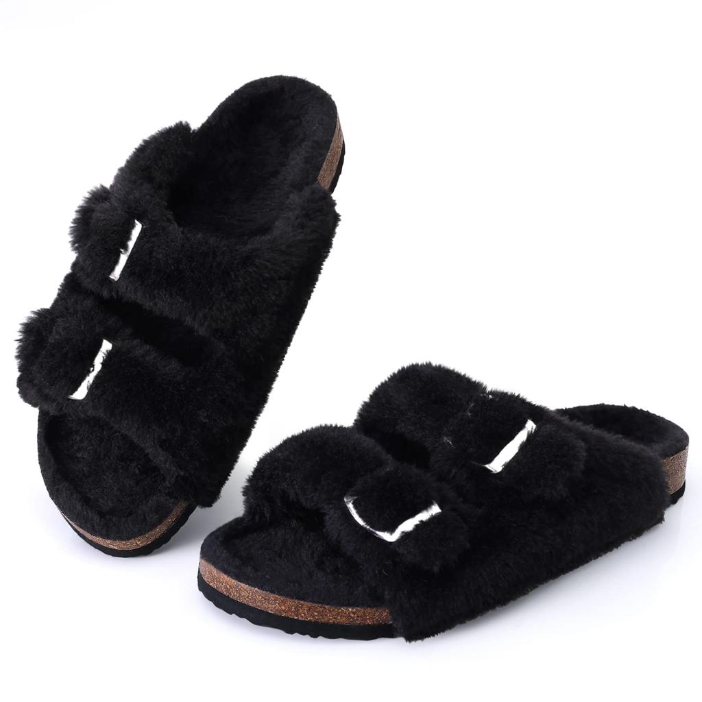 Fashion Smile Fashion Slippers For Women New Cork Insole Comfort Slides Outdoor Fluffy Sandals With Adjustable Metal Buckle Arch Support
