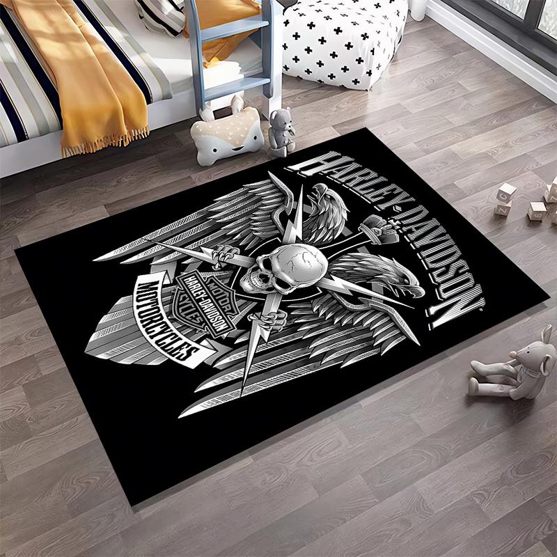 Harley Davidson Skull Wing Pattern Motorcycle Rug Black Style Carpet Suitable for use as an anti-slip for living room bedroom sofas