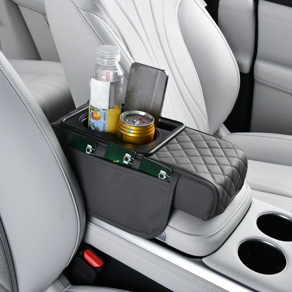 Car Center Console Height Increasing Armrest Cushion Multifunctional PU Leather Armrest Pad with Cup Holder Universal