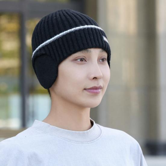 Зимняя мужская вязаная шапка, эластичная, утолщенная, однотонная, с защитой ушей, теплая, повседневная, для катания на лыжах, коньках, головной убор