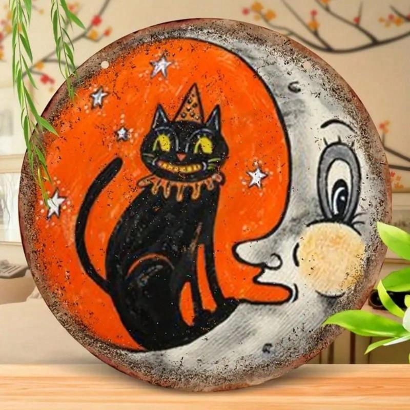 Witch Broom Halloween Sign, Round Aluminum Wall Plaque 20x20cm