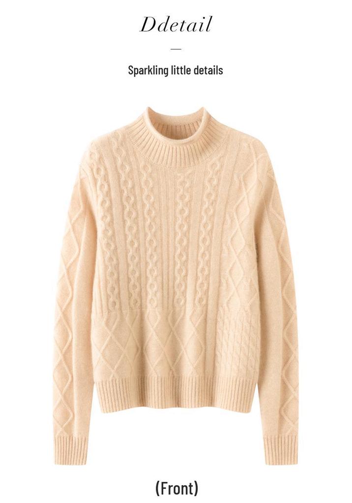 2025 Autumn Women's High Neck Cable Knit Cashmere Sweater - Loose Fit with Diamond Pattern