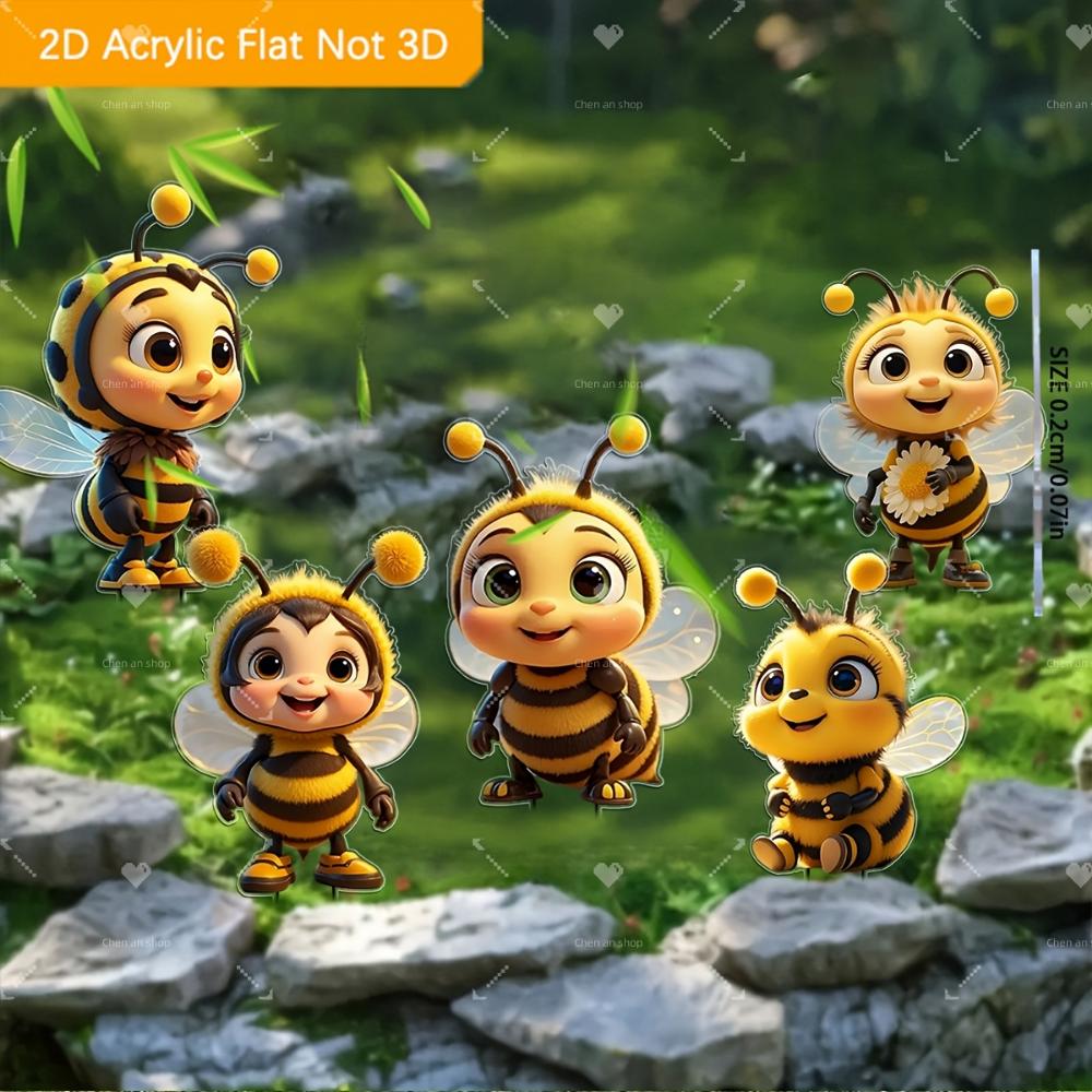 2D Flat 5-piece Set Cute Bee Friend Acrylic Garden Decoration for Patios, Lawns and Potted Plants - Ideal Holiday Gift