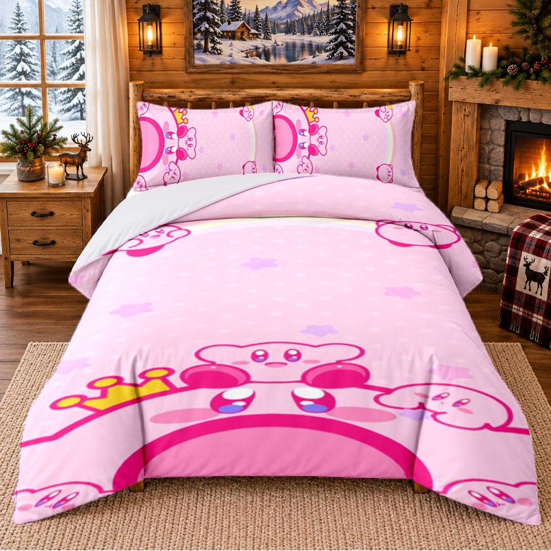 Kirby Pattern Bedding 3Pcs Set Bed Sheet And Pillowcases For Indoor Bedroom