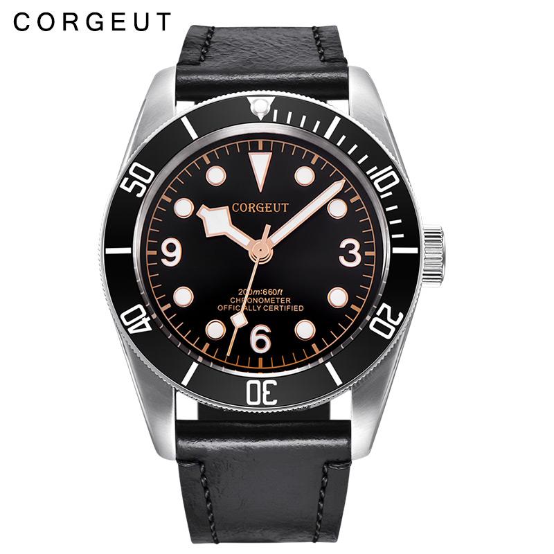 Corgeut 40MM с механизмом NH35 Мужские Автоматические Механические Часы Пилот Тип-B Авиатор Авто Часы Кожаный Ремешок Водонепроницаемые