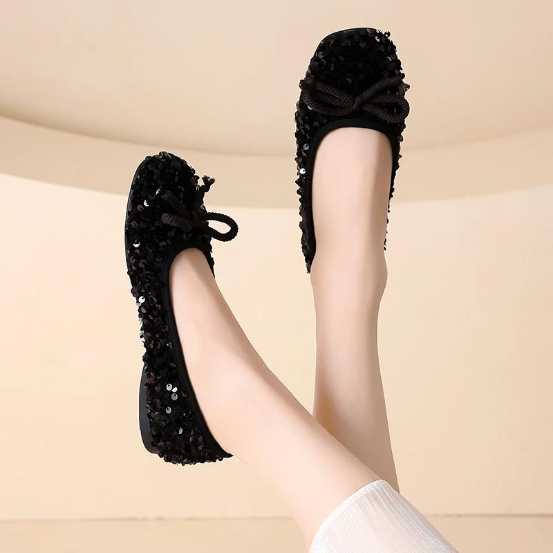 2024 Модные высококачественные однотонные туфли с квадратным носком и неглубоким вырезом, с пайетками, удобные женские туфли без застежек и бантом