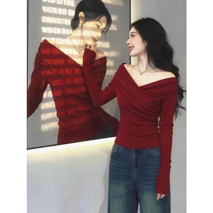 Plus Size Grey Cross-Neck Slim-Fit Knit Top for Women - Long Sleeve Spring Arrival, Slimming Inner Layer
