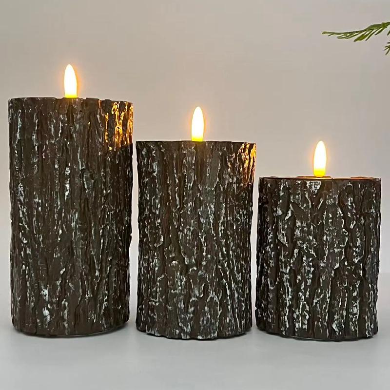 Paraffin Retro Wood Tree Stump Candle Holder with LED Candle Light for Home or Cafe Decor