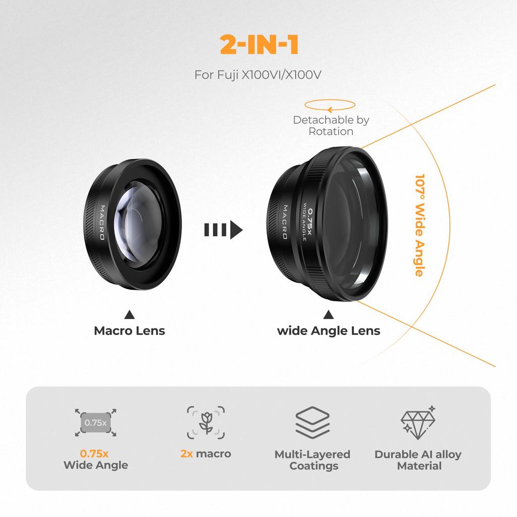 Freewell Macro Lens for Fuji Versatile Design with Magnification 2-in-1 Wide-Angle & X100VI/X100V - (Black)
