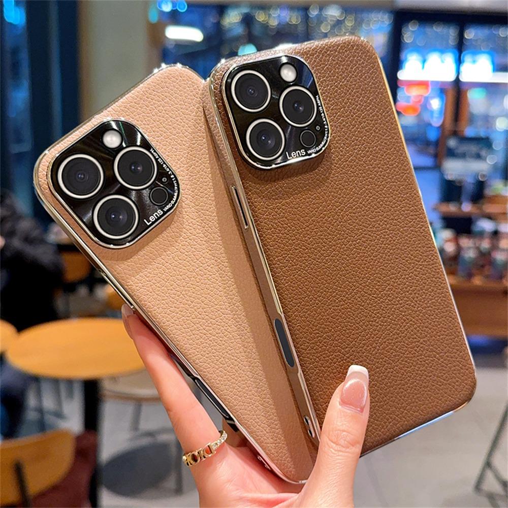 For iPhone 16 Pro Max Case Electroplating Edge Litchi Texture Leather+PC Phone Cover