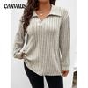 Осенне-зимние однотонные женские топы больших размеров с V-образным лацканом, длинными рукавами, в полоску, свободный пуловер с эффектом потертости