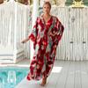 Red Tie-dye Printed Bikini Cover-up Swimsuit Robe Casual V-neck Side Slit Summer Beach Skirt Women's Beachwear Swimsuit Cover-up