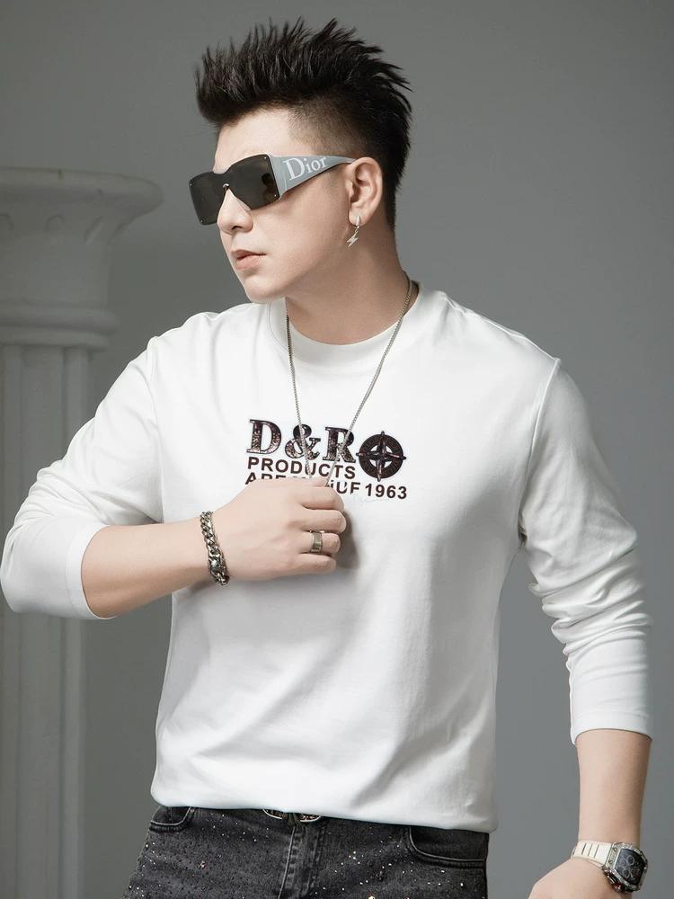 European Style 2025 New Autumn Trendy Brand Letter Print Round Neck Long Sleeve T-Shirt Men's Casual Top