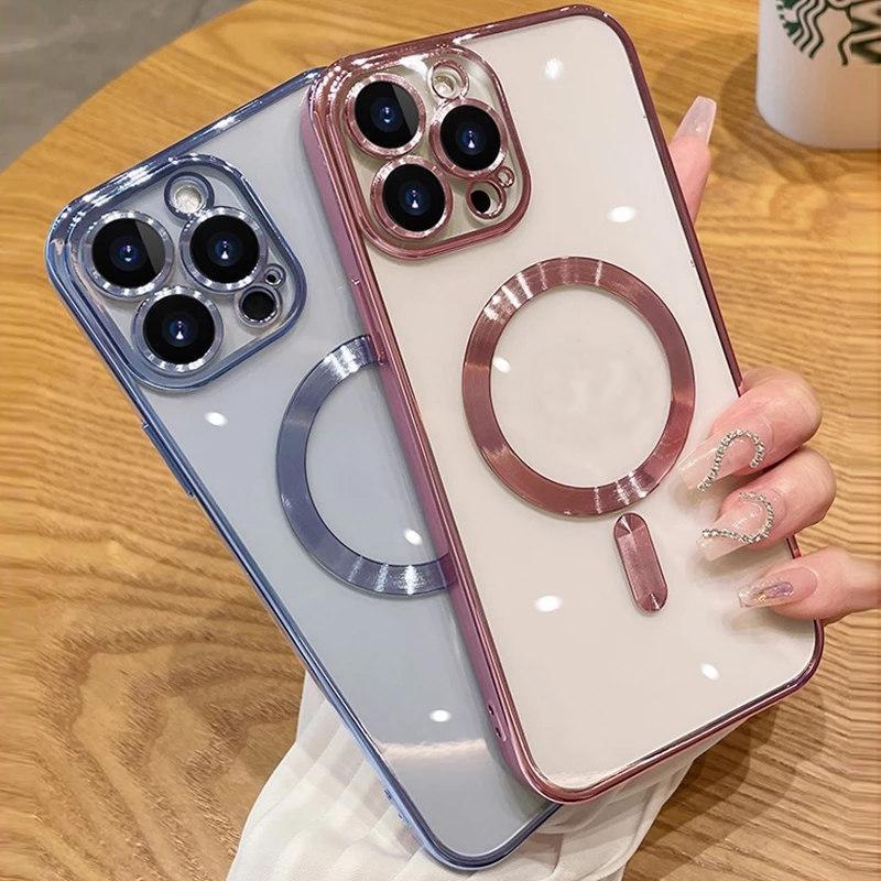 Роскошный прозрачный силиконовый чехол для магнитной зарядки Magsafe для iPhone 16 15 14 Plus 13 12 11 Pro Max с покрытием, противоударный, мягкий чехол