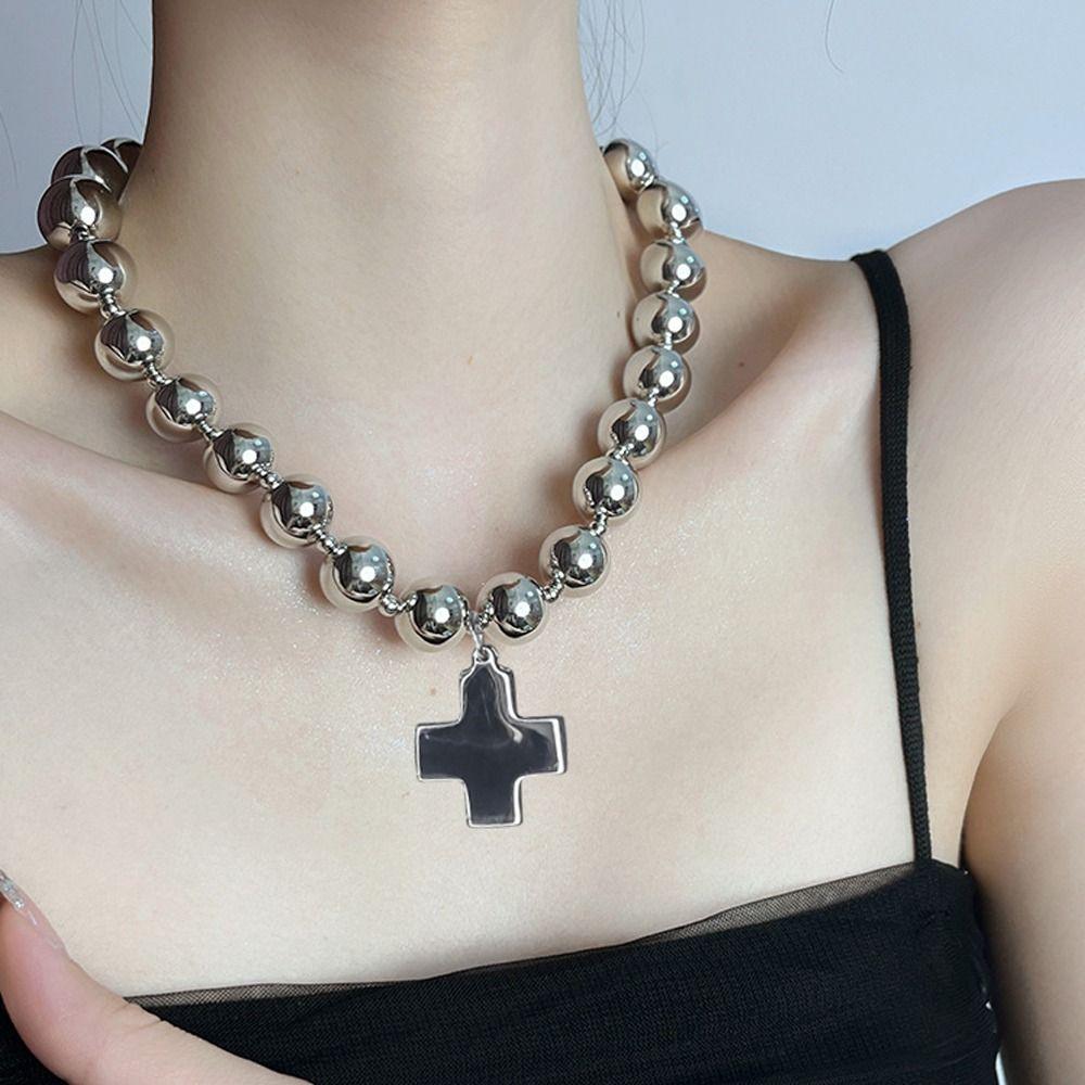 Punk Round Beaded Chains with Cross Pendant Grunge Rock Jewelry Goth Accessory