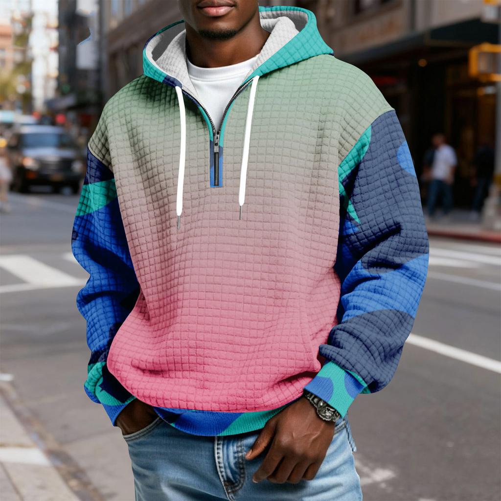 Мужской худи-пуловер в клетку с капюшоном на молнии до середины, со шнурком и принтом, повседневная спортивная толстовка