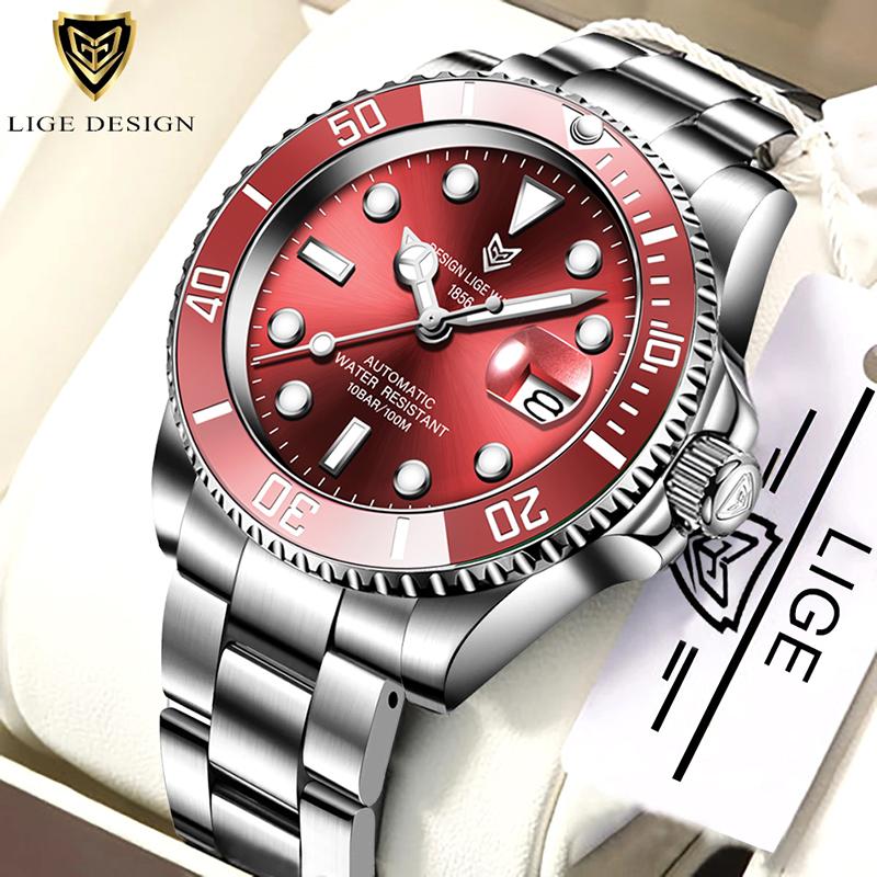LIGE luxury Men's watches business 100 meters waterproof mechanical luminous date stainless steel watches for men reloj hombre