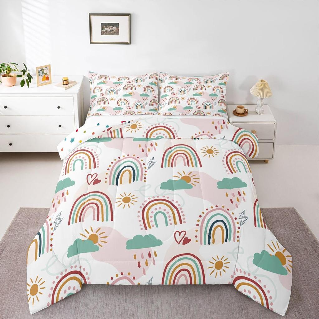 Erosebridal Rainbow Comforter Set 2Pcs, Kawaii Cartoon Cloud Quilt Iridescent Twin for Kids Girls Women Teens, Love Heart Duvet Insert Hand