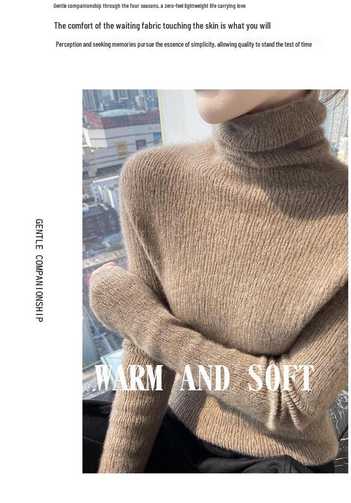 Women's Seamless High Neck Ribbed Knit Wool Sweater - Slim Fit, Textured Base Layer Pullover