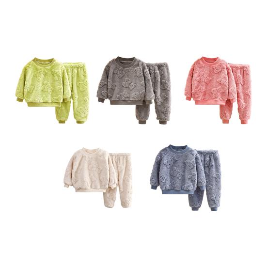 2 шт./комплект детской домашней одежды, толстый плюшевый топ и штаны, комплект с рисунком медведя из мультфильма, пижама с круглым вырезом, сохраняющая тепло, унисекс, детская домашняя одежда