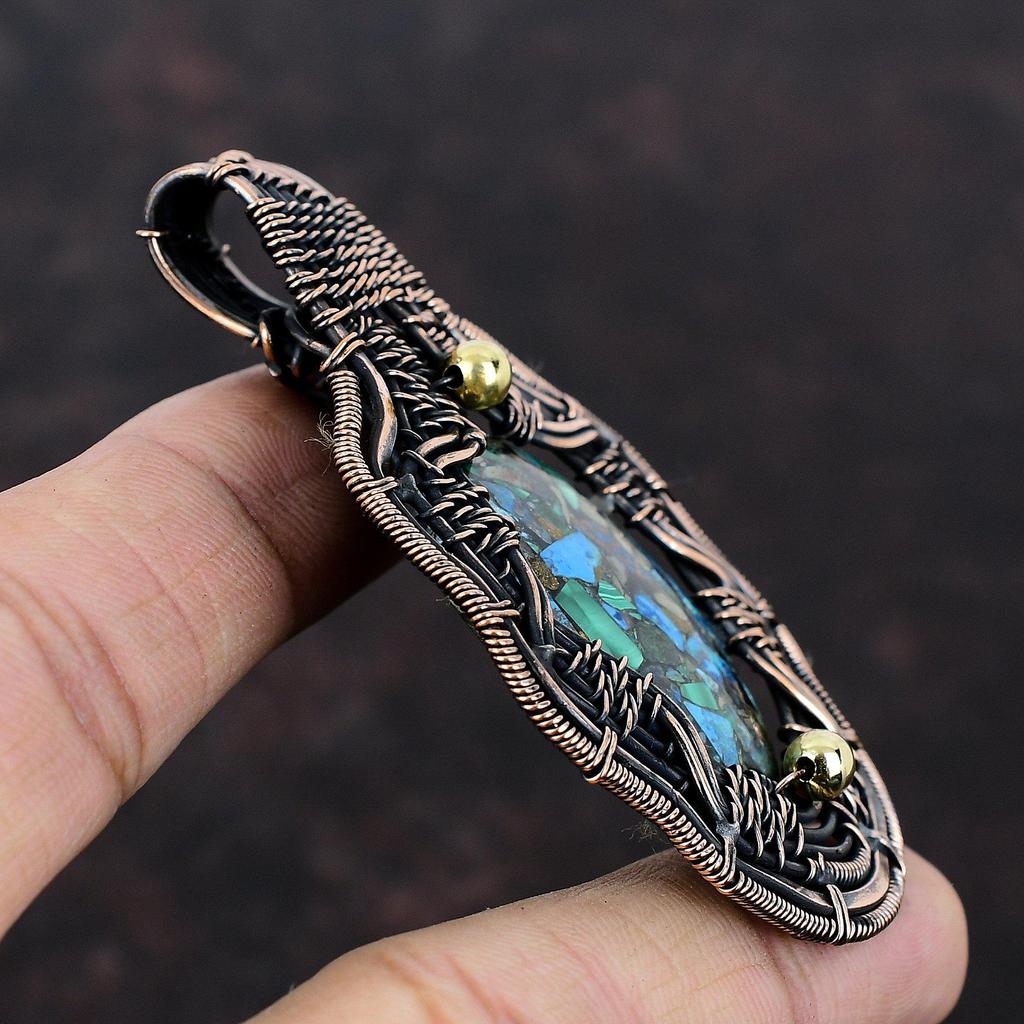 Copper Azurite Malachite Pendant Copper Wire Wrapped Gemstone Pendant Copper Jewelry Handmade Pendant Azurite Malachite Jewelry Gift For Him
