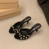 Fashion Studded Peep Toe Mules Stiletto Slip On Gold Rivets Decor Classic Sexy Women Summer Sandals Dress Party Daily Casual Single Shoe