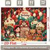 Whimsical Enchanted Forest Cottage Scene with Blooming Apple Trees, Floating Balloons, Picnic Basket and Festive Bunting, Happy Birthday