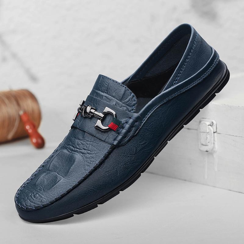 Тисненые синие мужские мокасины, мужская повседневная весенняя повседневная обувь, роскошные брендовые мужские деловые туфли из натуральной кожи для мужчин, туфли без застежек
