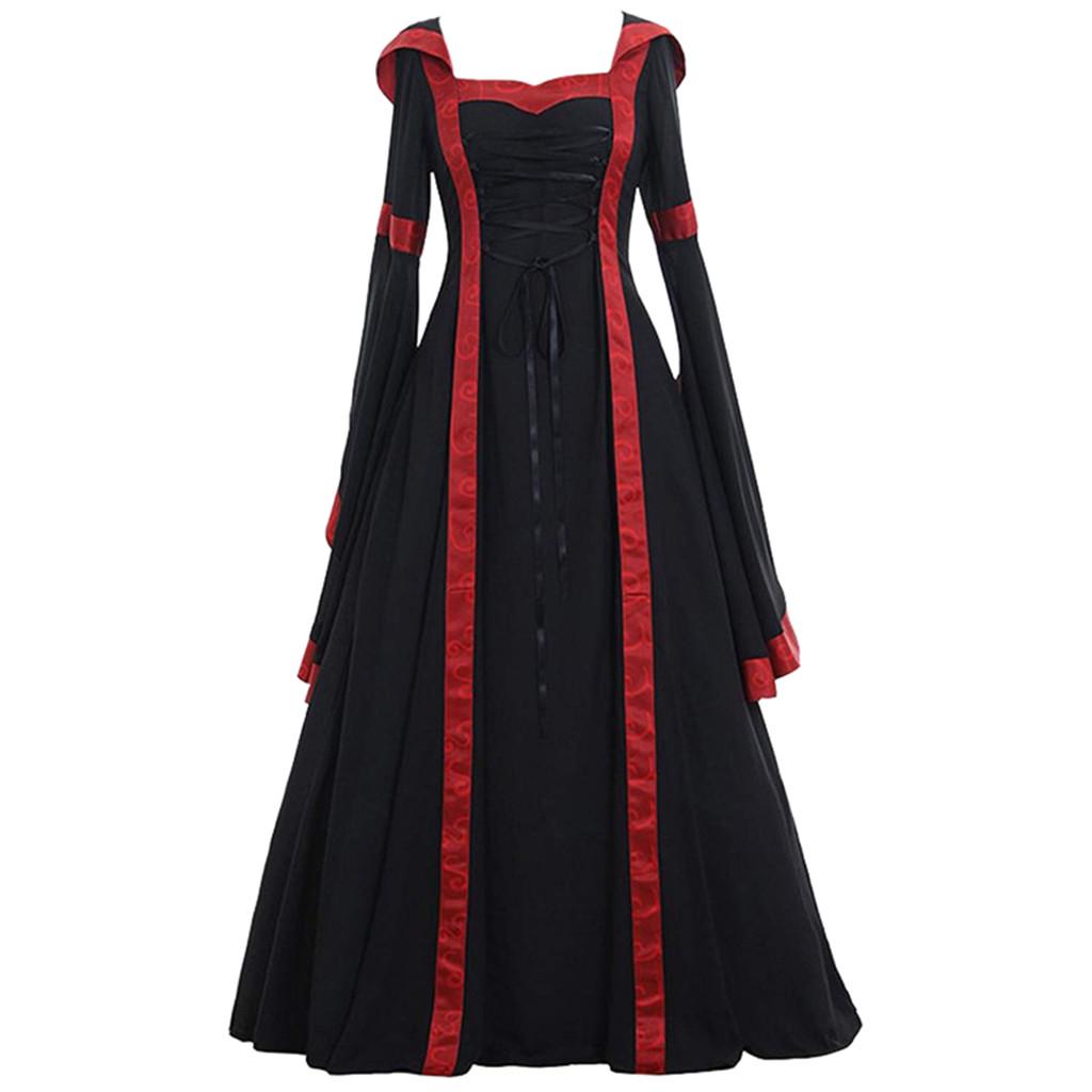 Plus Size 5XL Women Medieval Floor Length Dress Cosplay Costumes Long Bell Sleeve Lace-Up Princess Long Dress Retro Gothic Dress