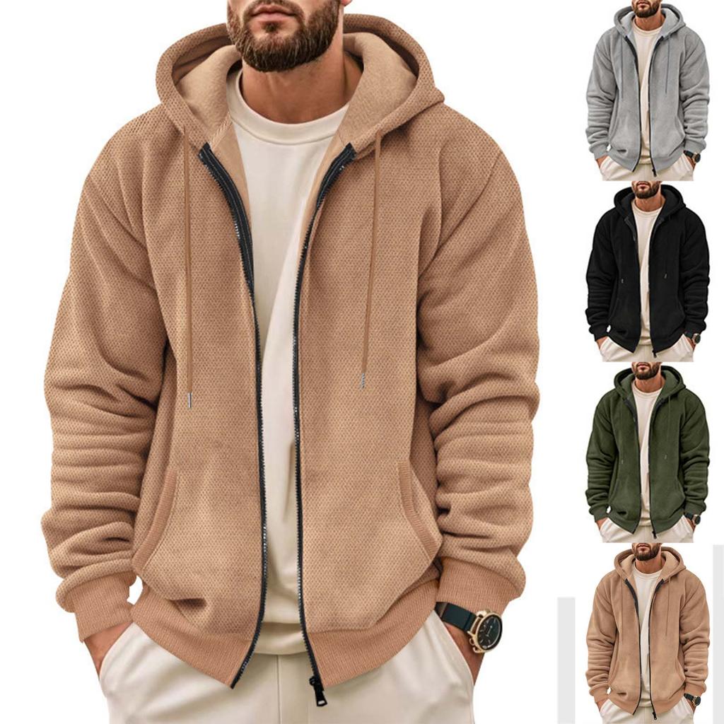 Men'S Winter Zipper Hooded Fleece Sweatshirt With Patch Pocket Casual Jacket