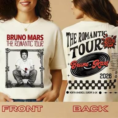 2026 Bruno Mars Романтический Тур Футболка Дата Турнира Задняя Сторона Двусторонняя Хлопковая Футболка Удобная, Дышащая, Высококачественная Ins