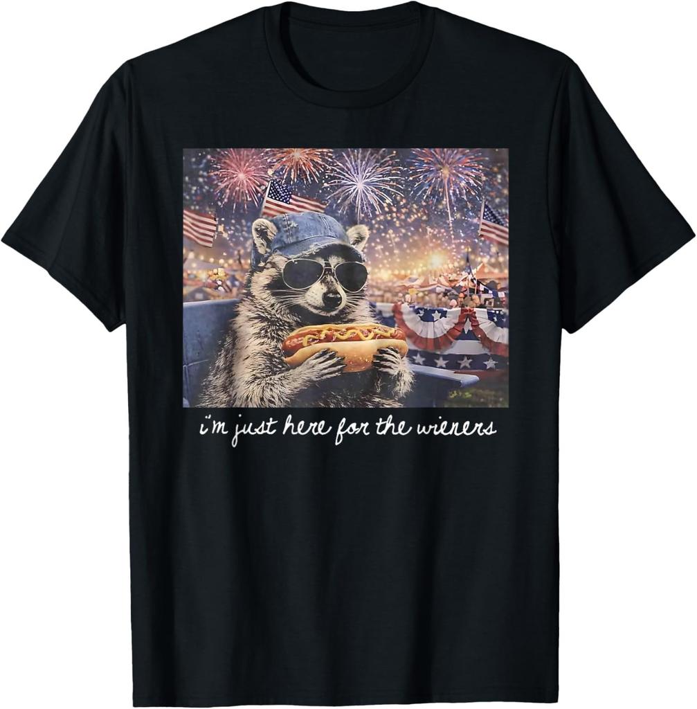 Hot Dog I'm Just Here for The Wieners Raccoon Fourth of July unisex T-Shirt