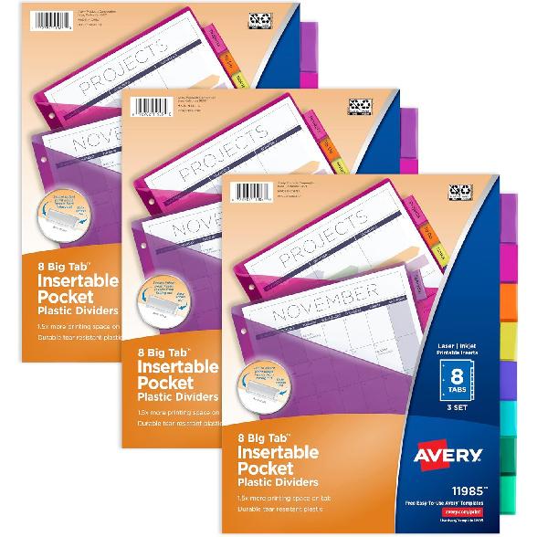Avery ertable Pocket Plastic Divider for 3 Ring Binders, 3 Sets (8 Colors)