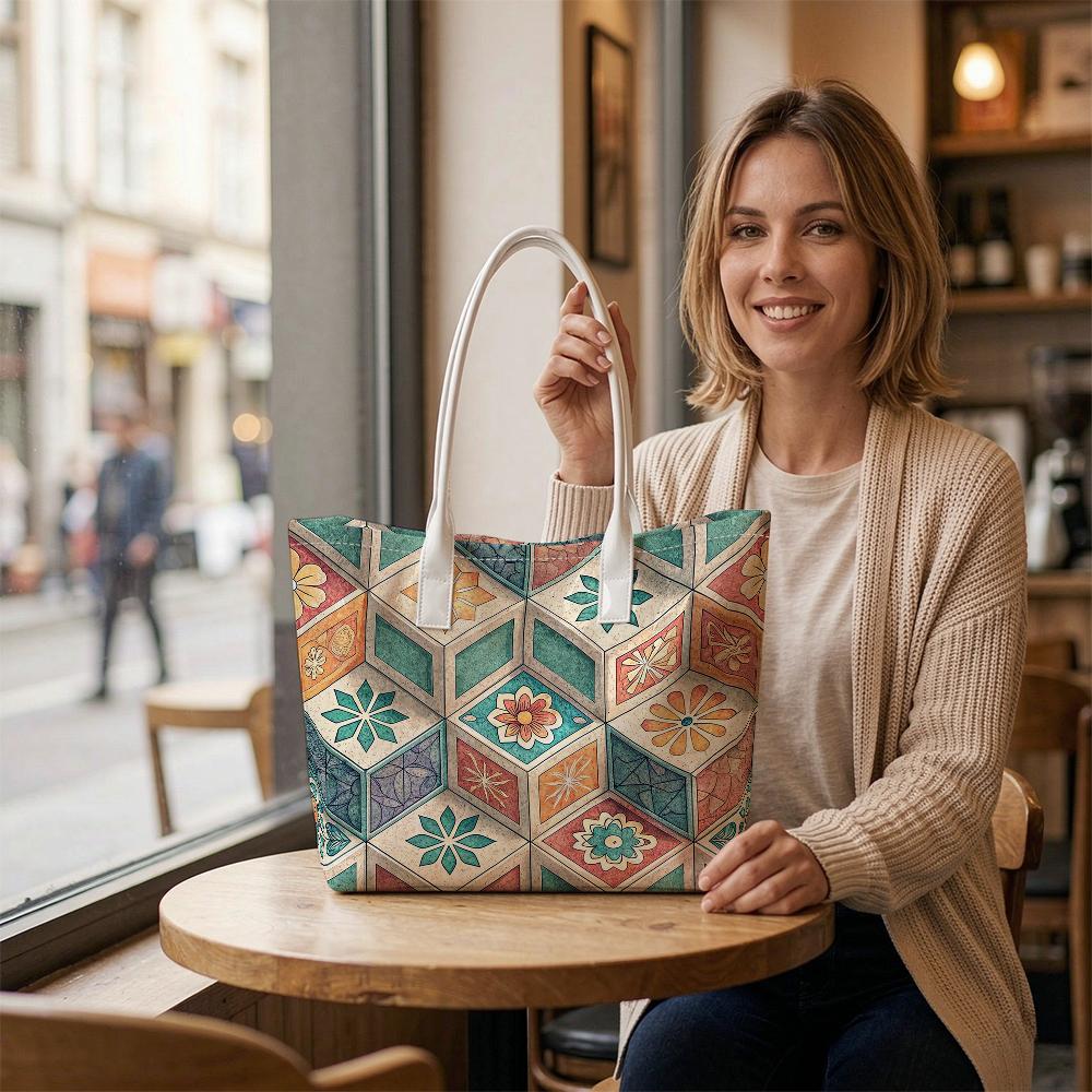 Bohemian Floral Geometric Casual Tote Bag for Women Daily Use Portable Lightweight Shopping Shoulder Bag